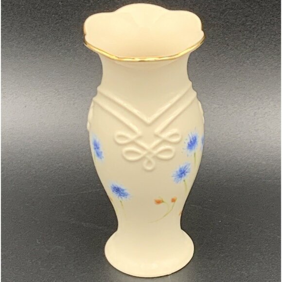 Lenox Bud Vase Holder Floral Ivory Gold Trim Blue Spring Flowers 5" Tall - Picture 2 of 8